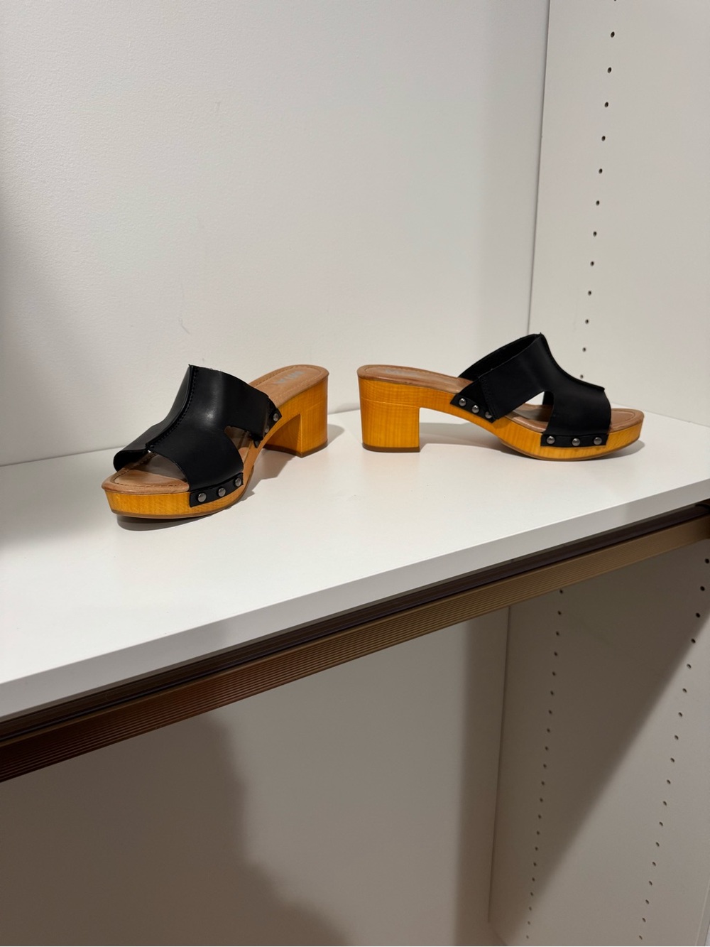 MIA Black Leather Slide Clog with Wood Block Heel